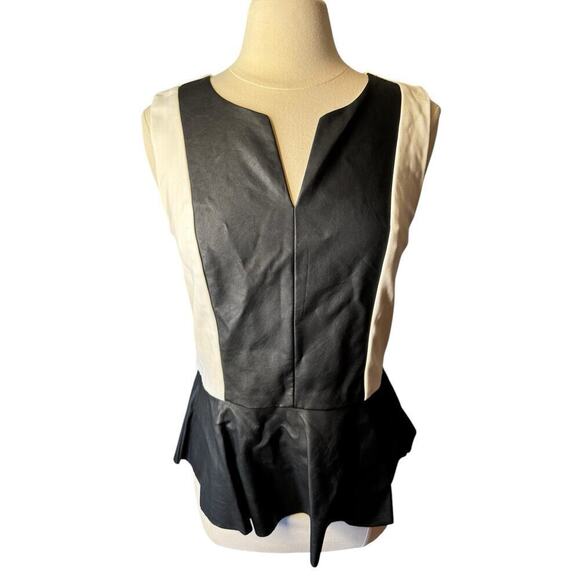 Saks Fifth Avenue Faux Leather Peplum Vest Top Size Large TINY FLAW Black White - Picture 6 of 9